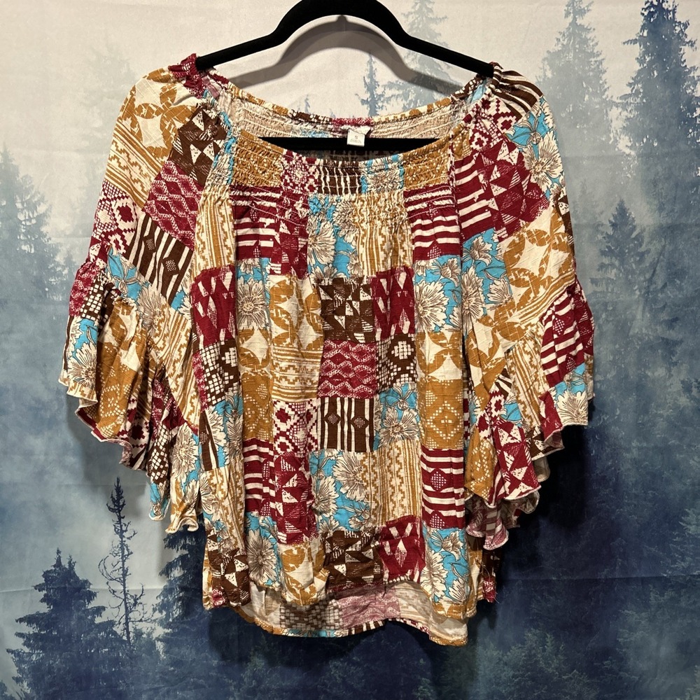Vintage CATO Multicolor ‎ Print Patchwork Peasant Style Tunic Top Womens Small